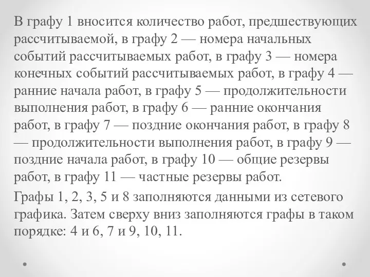 В графу 1 вносится количество работ, предшествующих рассчитываемой, в графу