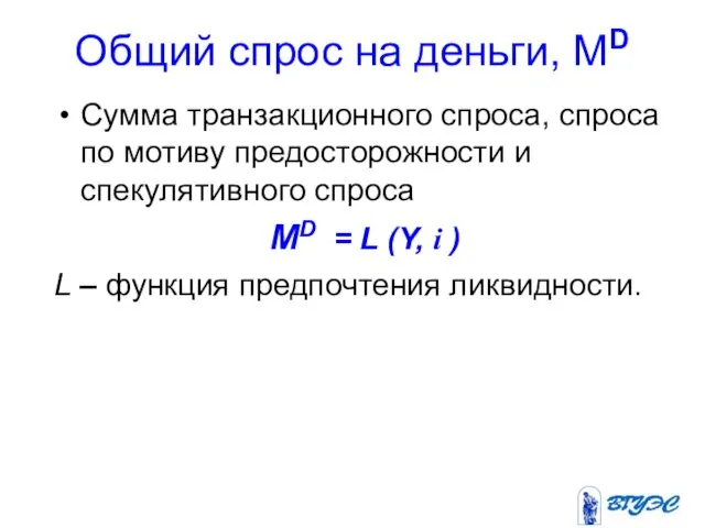 Общий спрос на деньги, МD Сумма транзакционного спроса, спроса по