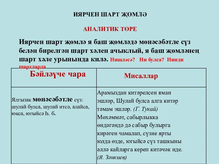 Иярчен шарт җөмлә я баш җөмләдә мөнәсәбәтле сүз белән бирелгән