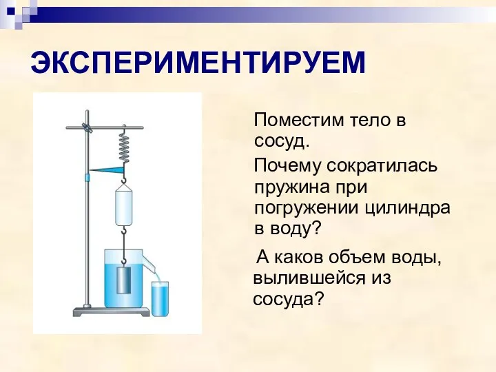 ЭКСПЕРИМЕНТИРУЕМ Поместим тело в сосуд. Почему сократилась пружина при погружении