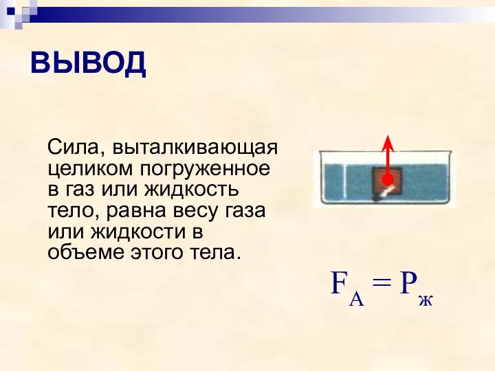 ВЫВОД Сила, выталкивающая целиком погруженное в газ или жидкость тело,