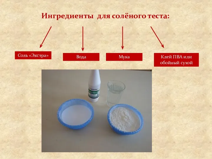 Ингредиенты для солёного теста: Соль «Экстра» Вода Мука Клей ПВА или обойный сухой