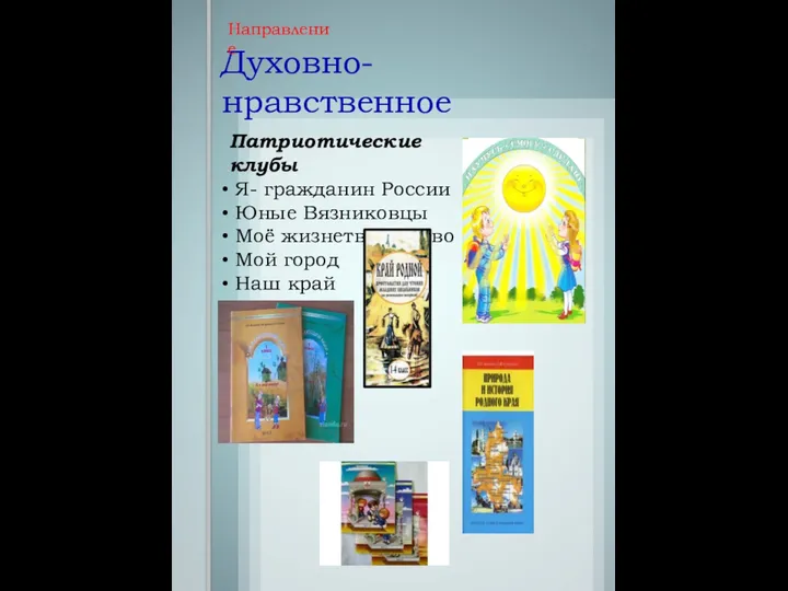 Духовно-нравственное Направление Патриотические клубы Я- гражданин России Юные Вязниковцы Моё жизнетворчество Мой город Наш край