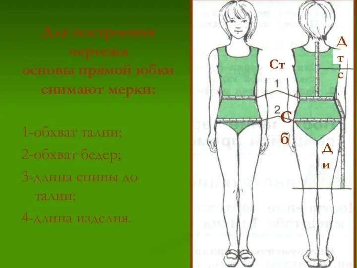 3 4 Для построения чертежа основы прямой юбки снимают мерки: 1-обхват талии; 2-обхват