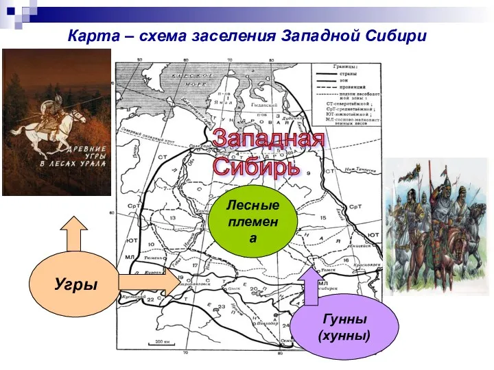 Карта – схема заселения Западной Сибири Лесные племена Угры Гунны (хунны) Западная Сибирь