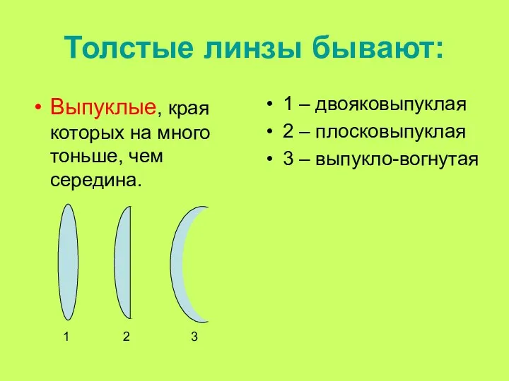 Толстые линзы бывают: Выпуклые, края которых на много тоньше, чем