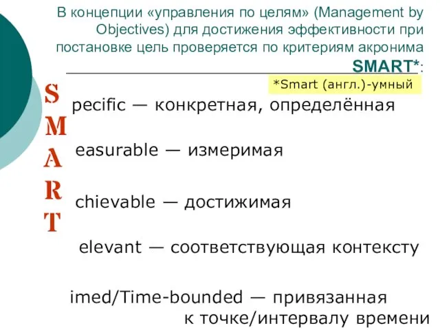 В концепции «управления по целям» (Management by Objectives) для достижения эффективности при постановке