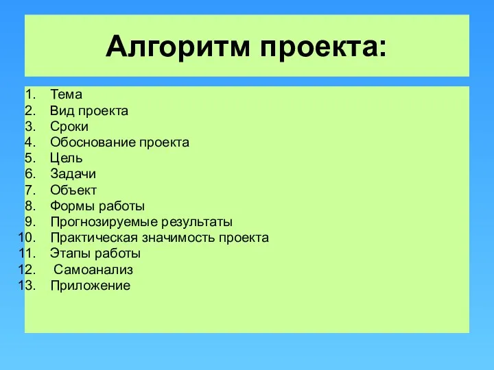 Алгоритм проекта: Тема Вид проекта Сроки Обоснование проекта Цель Задачи