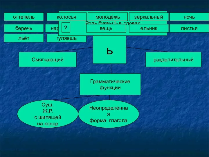 ь Смягчающий Грамматические функции разделительный Сущ. Ж.Р. с шипящей на