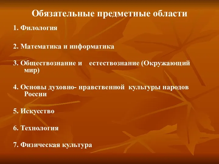 Обязательные предметные области 1. Филология 2. Математика и информатика 3.