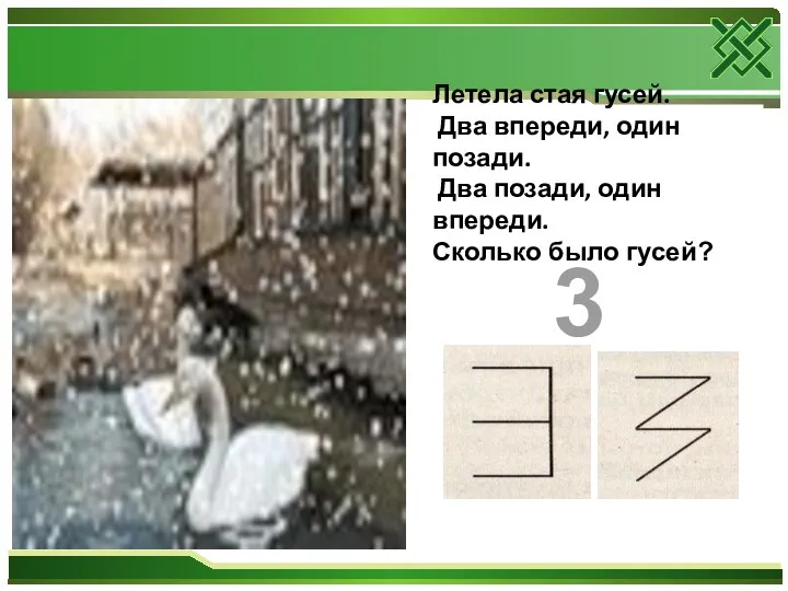 Летела стая гусей. Два впереди, один позади. Два позади, один впереди. Сколько было гусей? 3