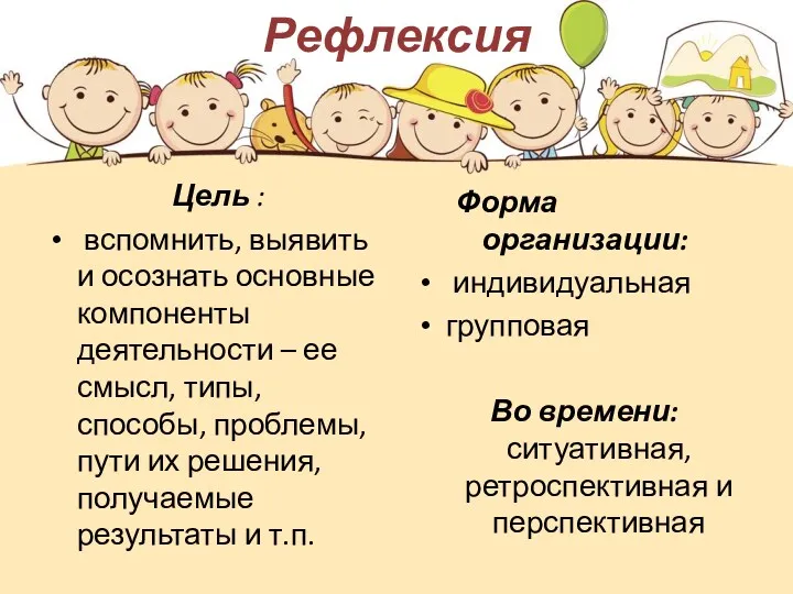 Рефлексия Цель : вспомнить, выявить и осознать основные компоненты деятельности – ее смысл,