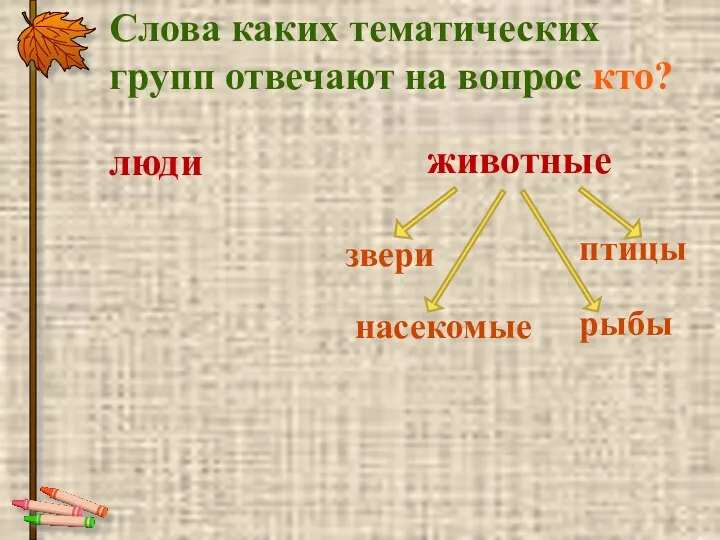 люди Слова каких тематических групп отвечают на вопрос кто? животные звери птицы рыбы насекомые