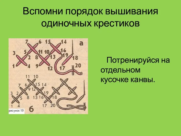 Вспомни порядок вышивания одиночных крестиков Потренируйся на отдельном кусочке канвы.