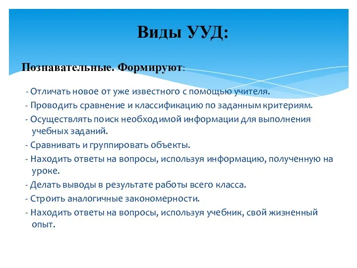 Познавательные. Формируют: - Отличать новое от уже известного с помощью учителя. - Проводить