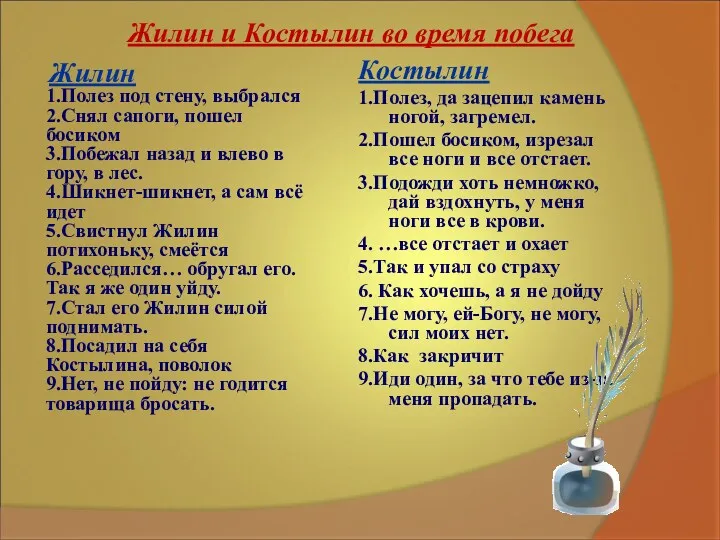 Жилин 1.Полез под стену, выбрался 2.Снял сапоги, пошел босиком 3.Побежал