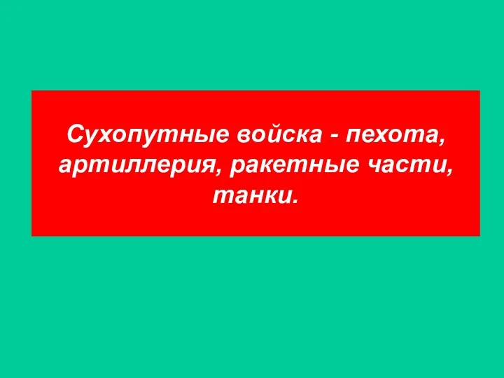 Сухопутные войска - пехота, артиллерия, ракетные части, танки.