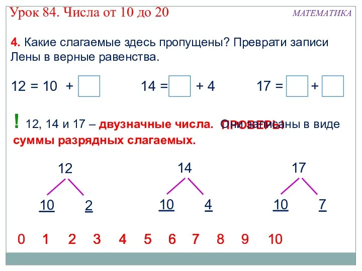 4. Какие слагаемые здесь пропущены? Преврати записи Лены в верные равенства. 12 =