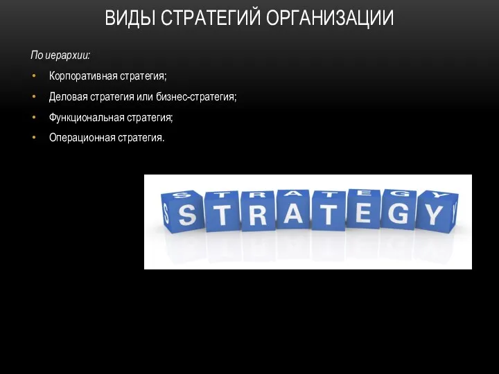 ВИДЫ СТРАТЕГИЙ ОРГАНИЗАЦИИ По иерархии: Корпоративная стратегия; Деловая стратегия или бизнес-стратегия; Функциональная стратегия; Операционная стратегия.