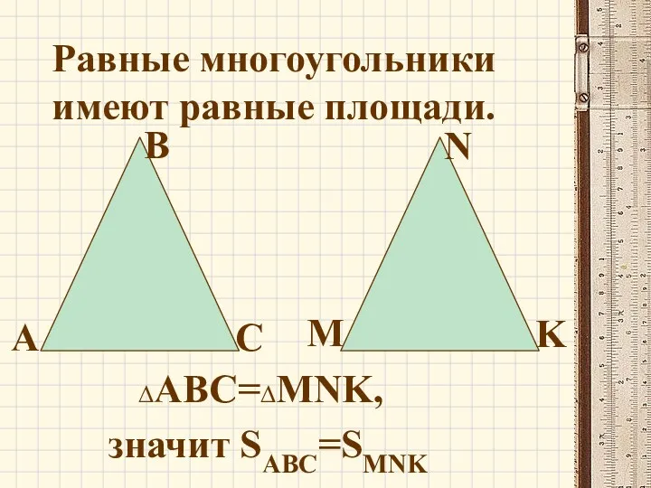 ∆ABC=∆MNK, Равные многоугольники имеют равные площади. значит SABC=SMNK А В С M N K