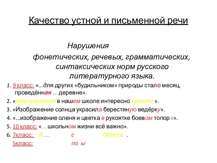 Качество устной и письменной речи Нарушения фонетических, речевых, грамматических, синтаксических норм русского литературного