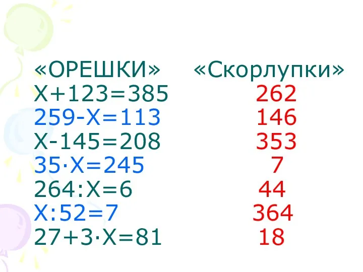 «ОРЕШКИ» «Скорлупки» Х+123=385 262 259-Х=113 146 Х-145=208 353 35·Х=245 7 264:Х=6 44 Х:52=7 364 27+3·Х=81 18