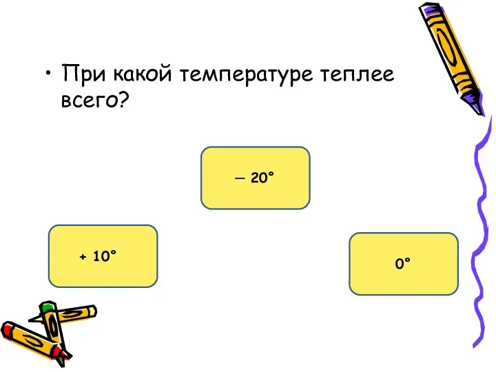 При какой температуре теплее всего? + 10° ─ 20° 0°