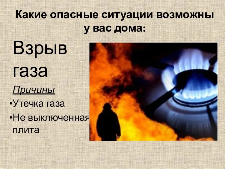 Какие опасные ситуации возможны у вас дома: Взрыв газа Причины Утечка газа Не выключенная плита