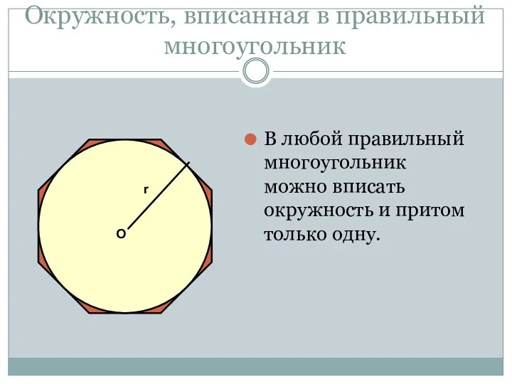 Окружность, вписанная в правильный многоугольник В любой правильный многоугольник можно