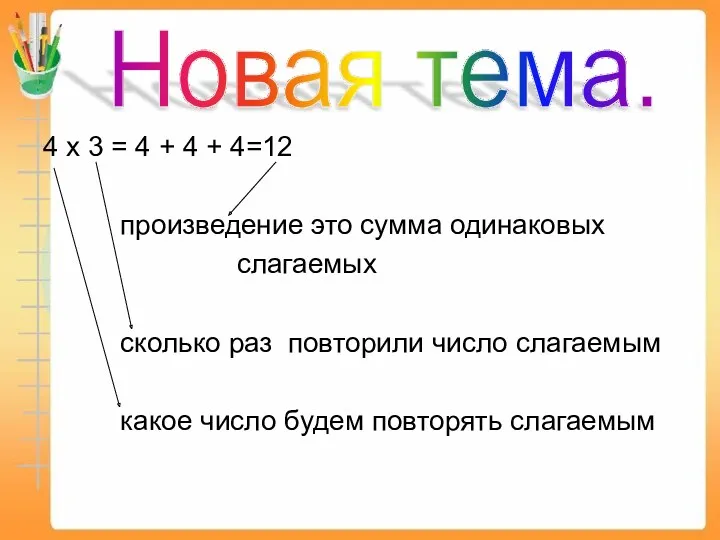 4 х 3 = 4 + 4 + 4=12 произведение