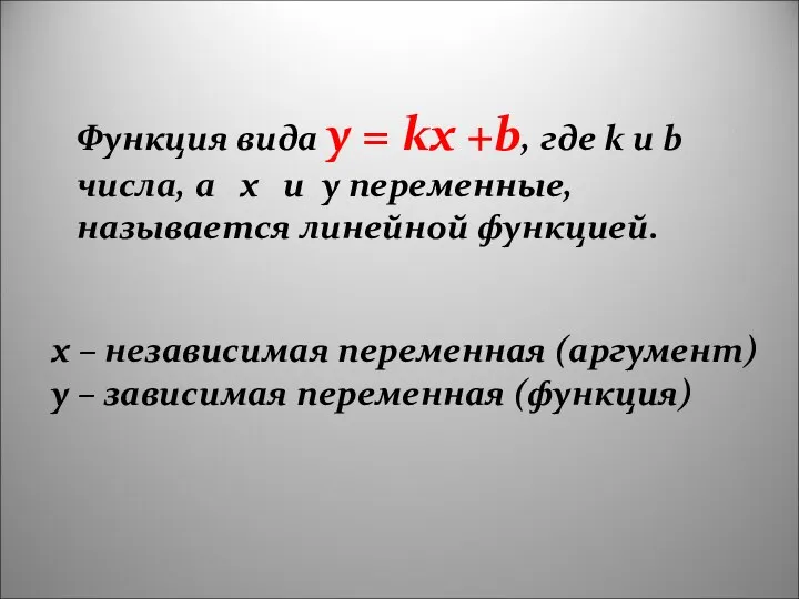 Функция вида y = kx +b, где k и b числа, а x