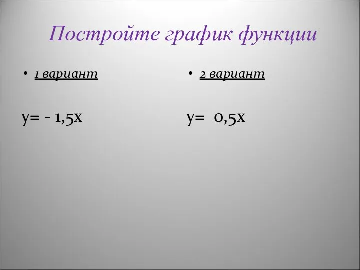 Постройте график функции 1 вариант y= - 1,5x 2 вариант y= 0,5x