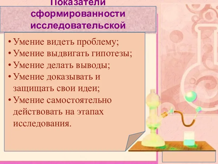 Показатели сформированности исследовательской деятельности Умение видеть проблему; Умение выдвигать гипотезы; Умение делать выводы;