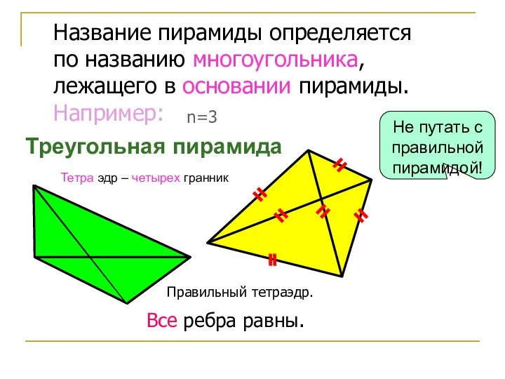Название пирамиды определяется по названию многоугольника, лежащего в основании пирамиды. Например: n=3 Треугольная