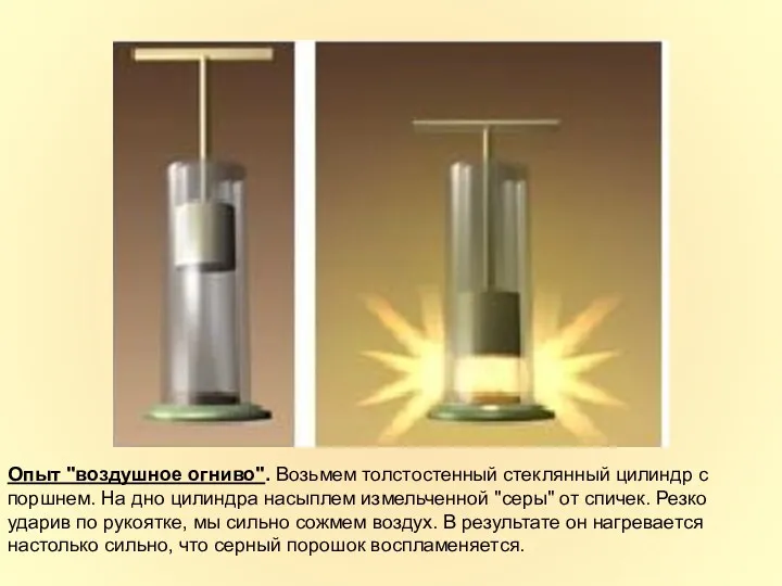 Опыт "воздушное огниво". Возьмем толстостенный стеклянный цилиндр с поршнем. На дно цилиндра насыплем
