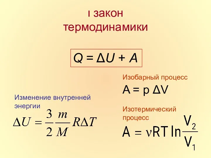 ı закон термодинамики Q = ΔU + A Изобарный процесс A = p