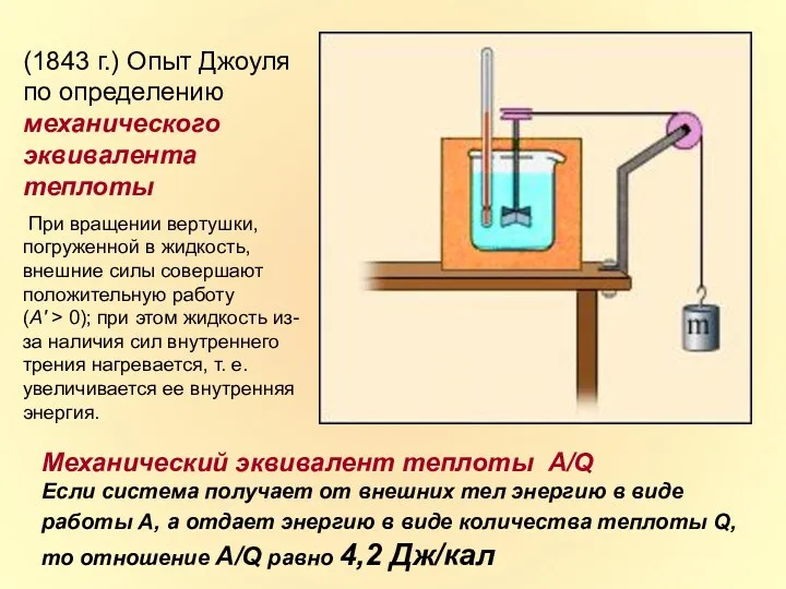 (1843 г.) Опыт Джоуля по определению механического эквивалента теплоты При вращении вертушки, погруженной