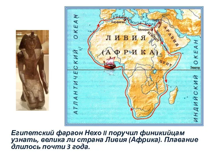 Египетский фараон Нехо II поручил финикийцам узнать, велика ли страна Ливия (Африка). Плавание