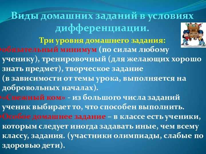 Виды домашних заданий в условиях дифференциации. Три уровня домашнего задания: обязательный минимум (по