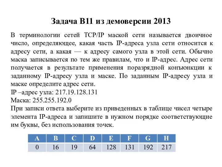 Задача B11 из демоверсии 2013 В терминологии сетей TCP/IP маской