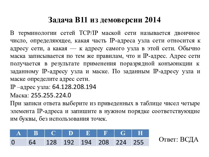 Задача B11 из демоверсии 2014 В терминологии сетей TCP/IP маской