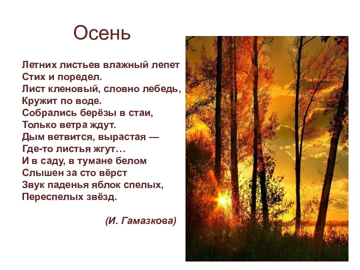 Летних листьев влажный лепет Стих и поредел. Лист кленовый, словно лебедь, Кружит по