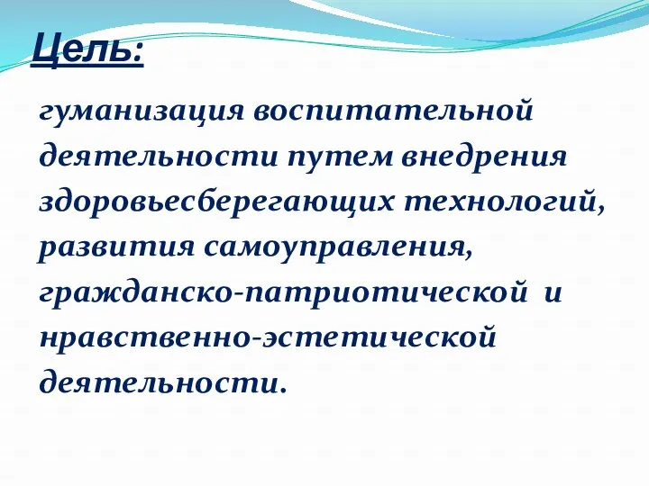 Цель: гуманизация воспитательной деятельности путем внедрения здоровьесберегающих технологий, развития самоуправления, гражданско-патриотической и нравственно-эстетической деятельности.