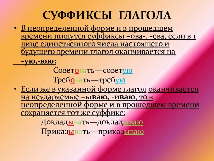 СУФФИКСЫ ГЛАГОЛА В неопределенной форме и в прошедшем времени пишутся