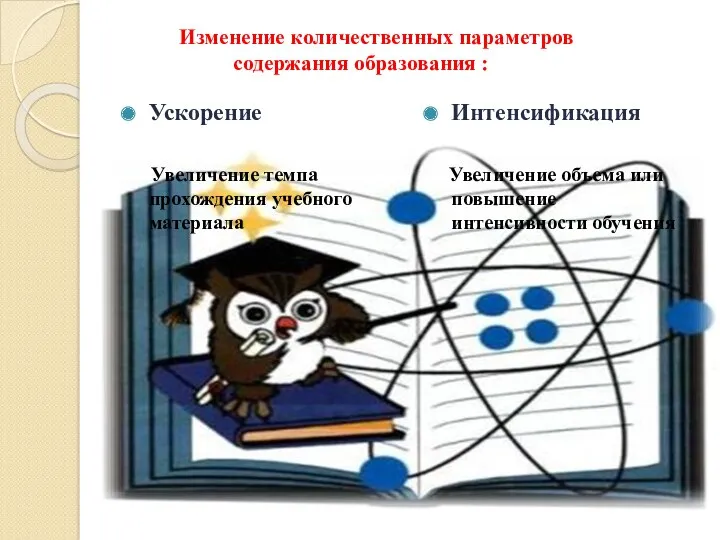 Изменение количественных параметров содержания образования : Ускорение Увеличение темпа прохождения