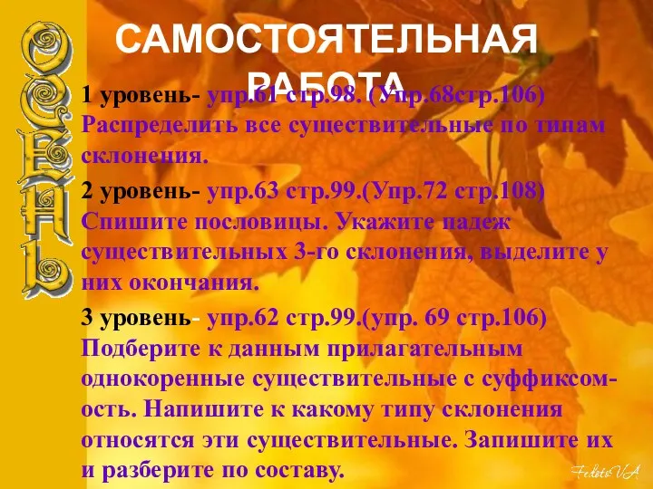 САМОСТОЯТЕЛЬНАЯ РАБОТА 1 уровень- упр.61 стр.98. (Упр.68стр.106)Распределить все существительные по