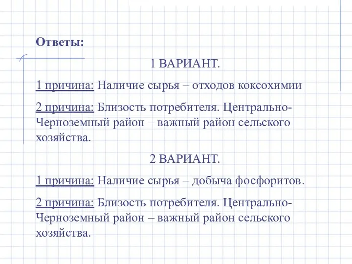 Ответы: 1 ВАРИАНТ. 1 причина: Наличие сырья – отходов коксохимии