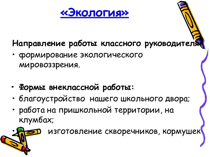 «Экология» Направление работы классного руководителя: формирование экологического мировоззрения. Формы внеклассной