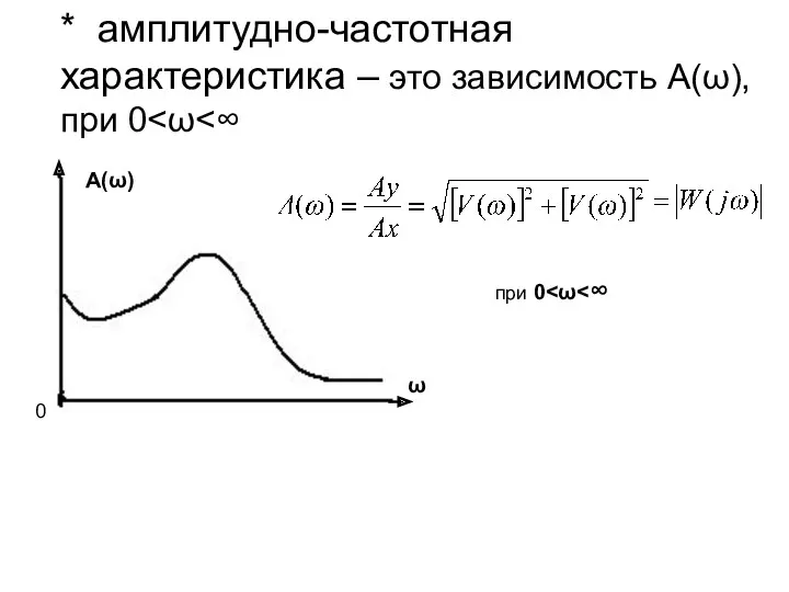 * амплитудно-частотная характеристика – это зависимость А(ω), при 0 А(ω) ω 0 при 0