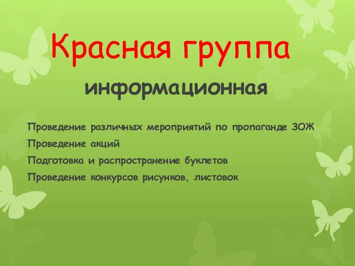 Красная группа информационная Проведение различных мероприятий по пропаганде ЗОЖ Проведение